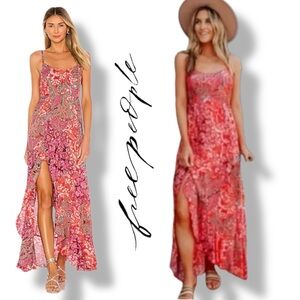Free People Forever Yours Smocked Maxi Slip Dress, Red Floral, Size M NWT
